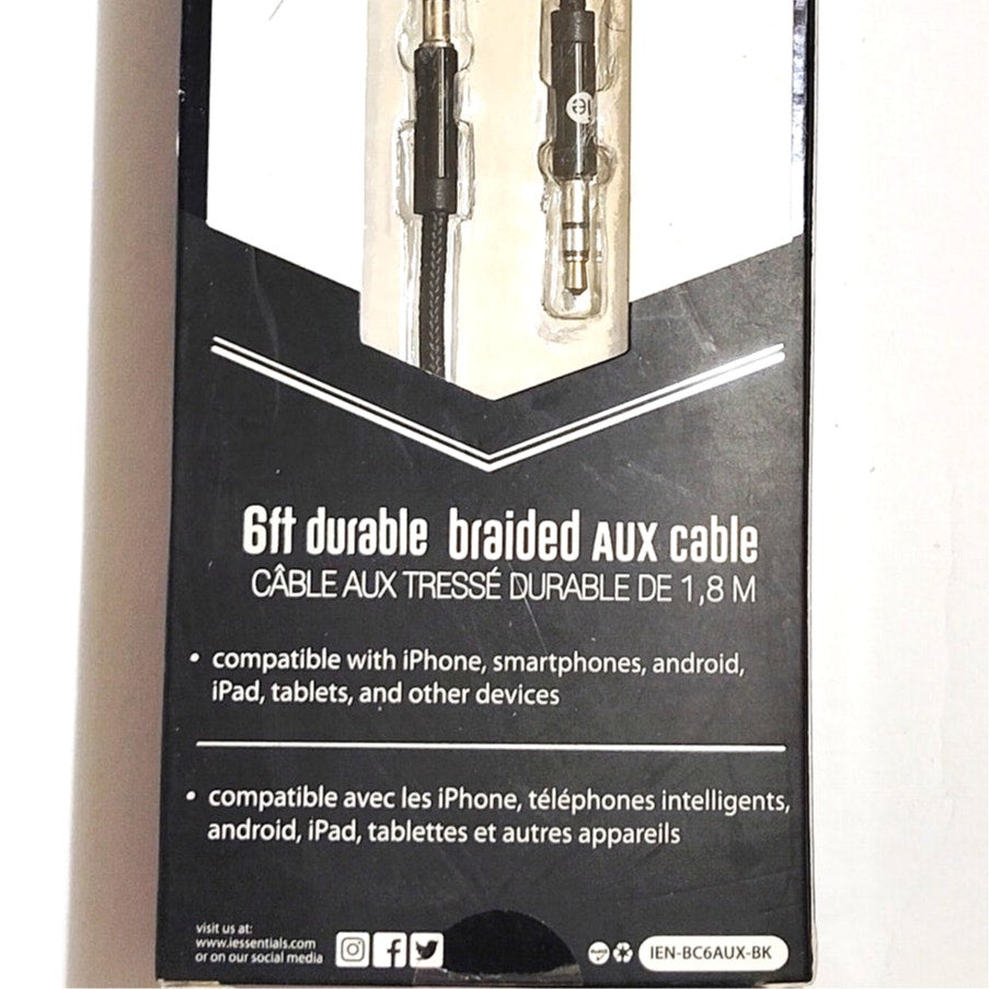 I Essential 6‑Foot Black Braided AUX Audio Cable For 3.5mm Audio Devices