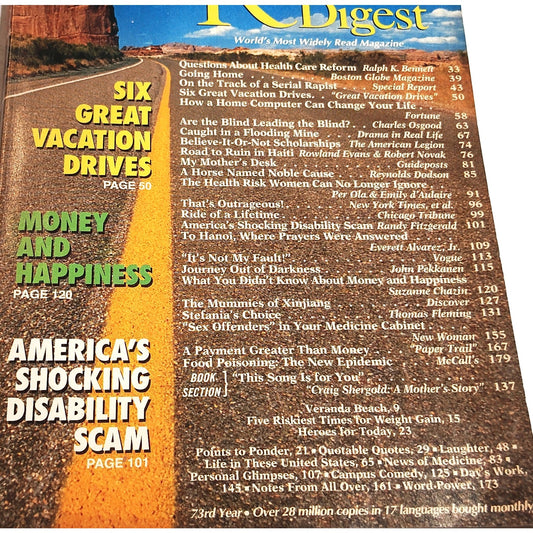 Vintage Reader's Digest Magazine August 1994 Issue Six Great Vacation Drives