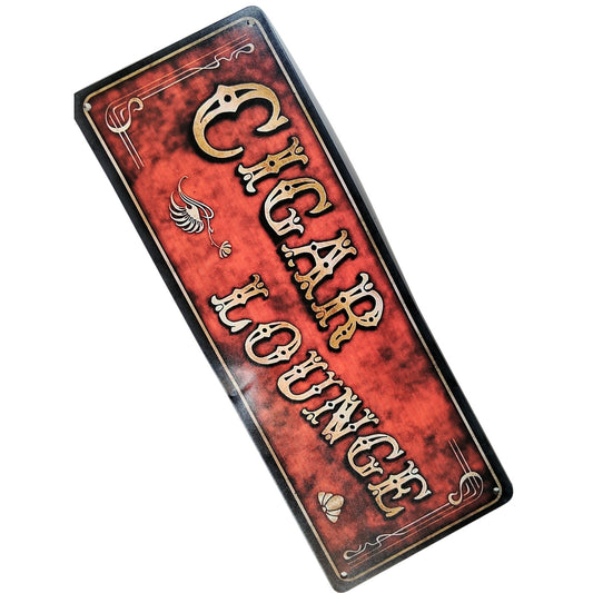 Cigar Lounge Tin Sign – Vintage Red Metal Wall Plaque – 16.75" x 6" Smoking Room Décor