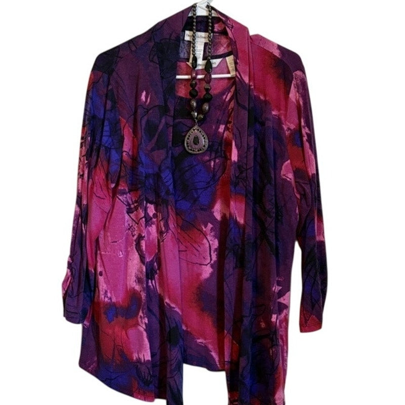 Draper's & Damon's Pink Purple Floral 2-Piece Top & Cover Set w/ Necklace L