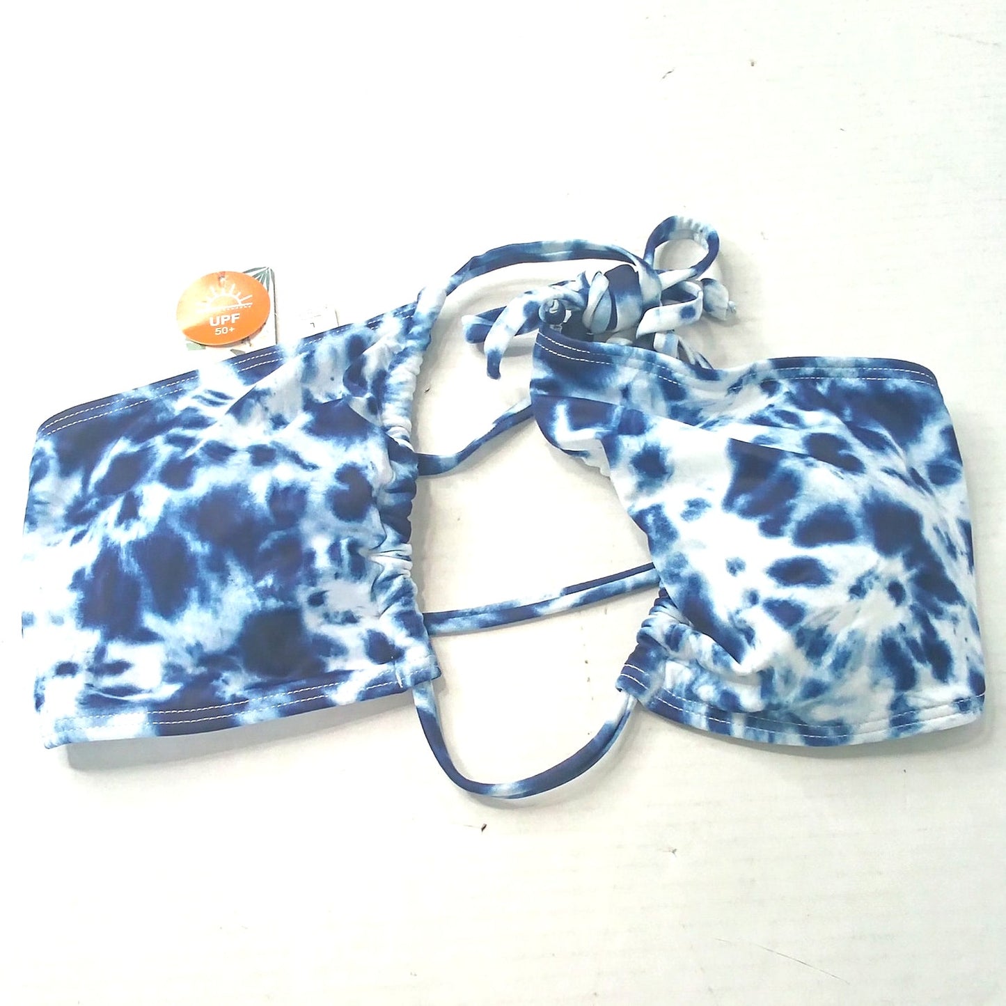 Charmo Blue White Tie Dye Halter Bikini Top Keyhole UPF 50 Women’s Large