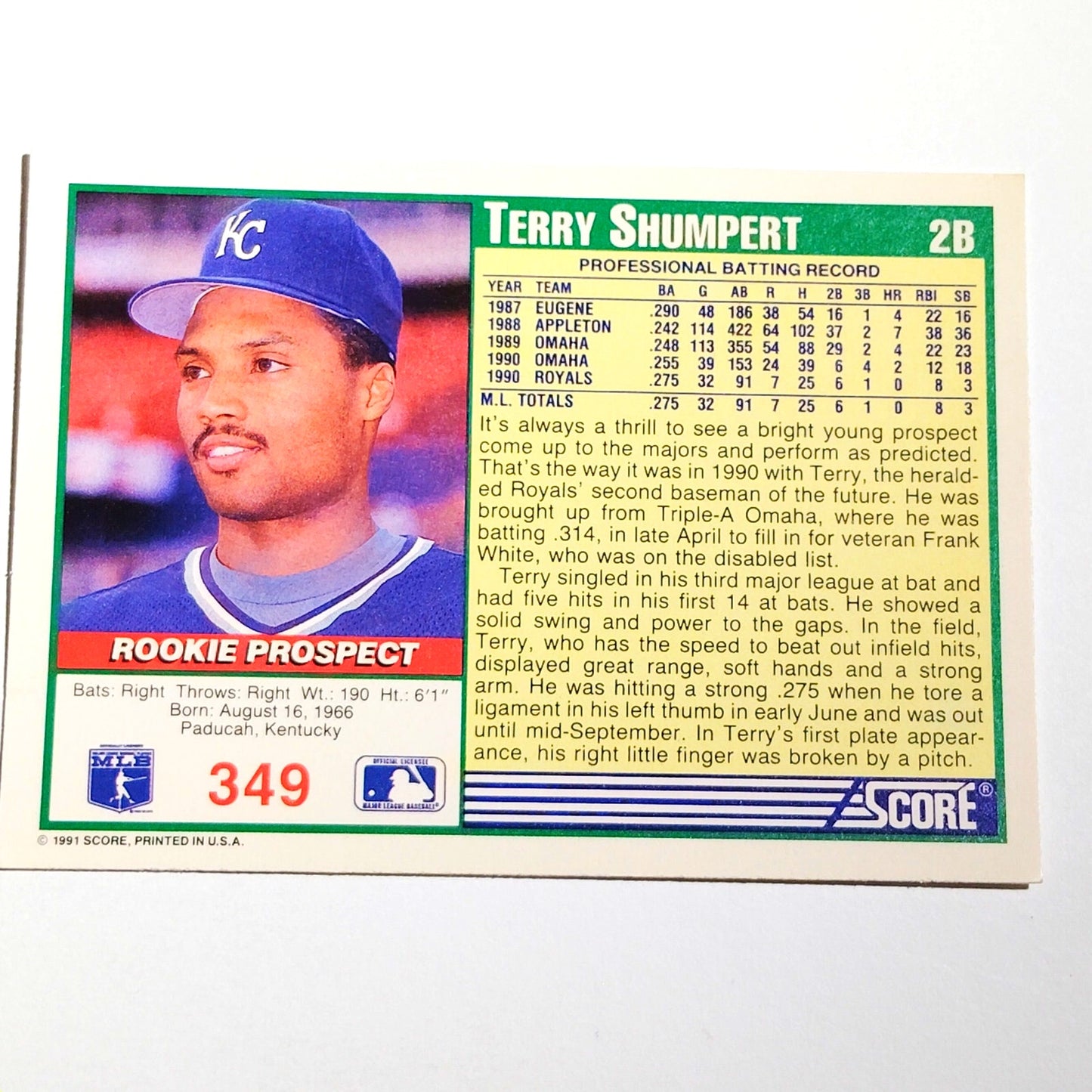1991 Score Terry Shumpert #349 Kansas City Royals 2B Rookie Prospect Card NM