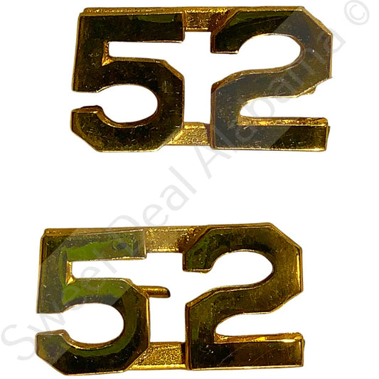 c.1910s Numeric "52", Brass Military C-Clasp Hat / Lapel / Collar Pins Set 3/8"H