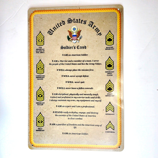 US Army Soldiers Creed Tin Sign 12×8 Military Emblem Vintage Metal Wall Decor