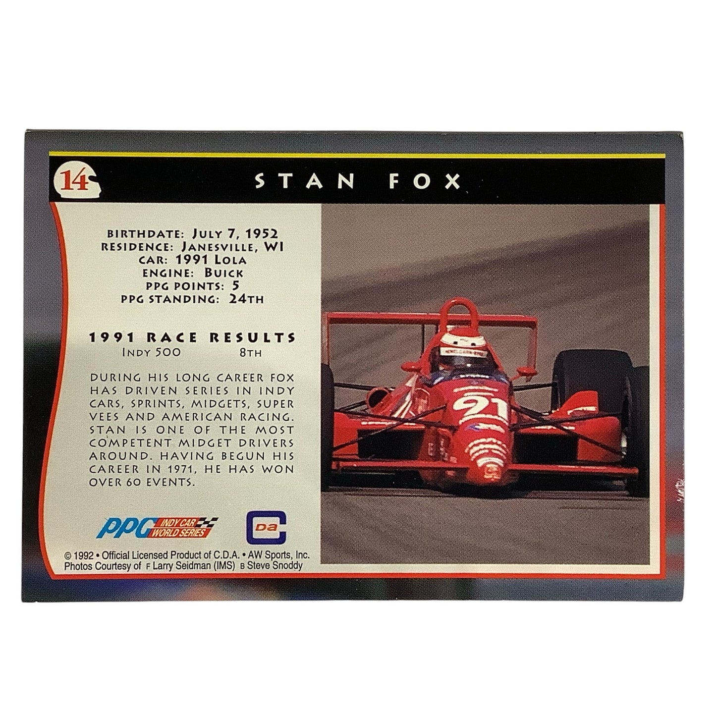 Indy Driver- Stan Fox, Bryant #91, 1992 Indy Car World Series, Card #14, NM
