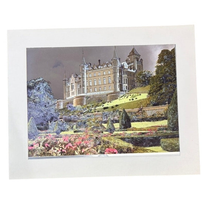 Vintage 1980s Holographic Foil Etching Print Dunrobin Castle Scottish Highlands
