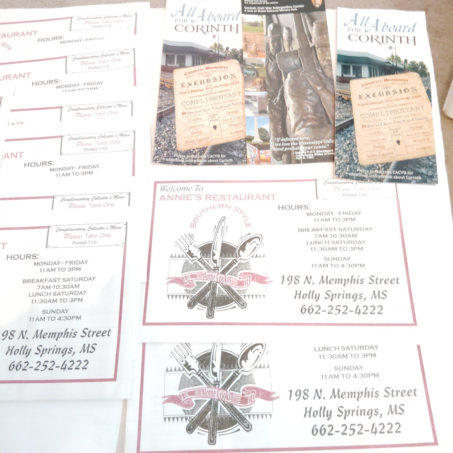 Holly Springs, MS & Corinth 2011 Travel Ephemera Lot - Annie's Restaurant Flyers