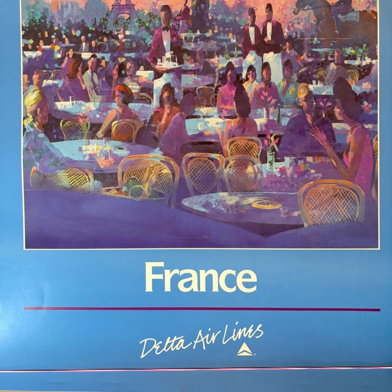Vintage Delta Air Lines "France" Eiffel Tower Travel Poster - 28x22 Blue