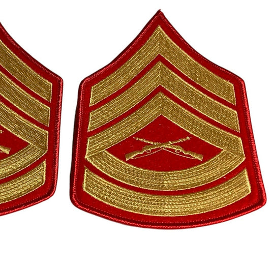 1 Set- USMC Gunnery Sergeant E-7 Gold on Red Embroidered Chevrons, Male