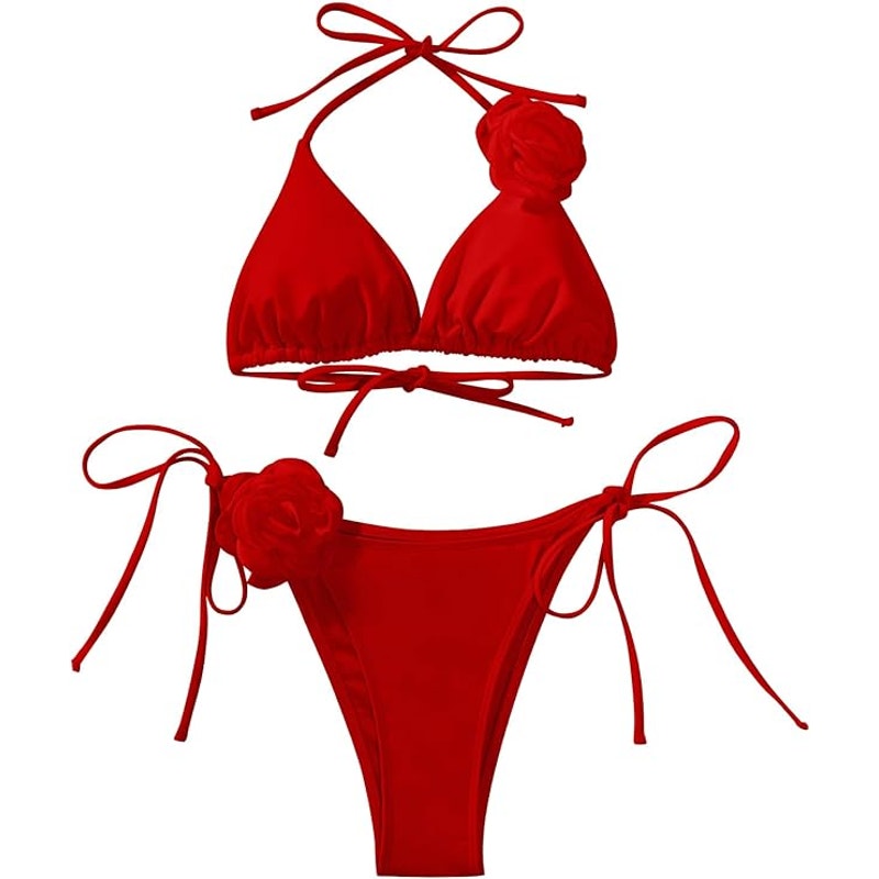 Lilosy Sexy Decorated Cheeky String Triangle Bikini 2 Piece, Medium, Red