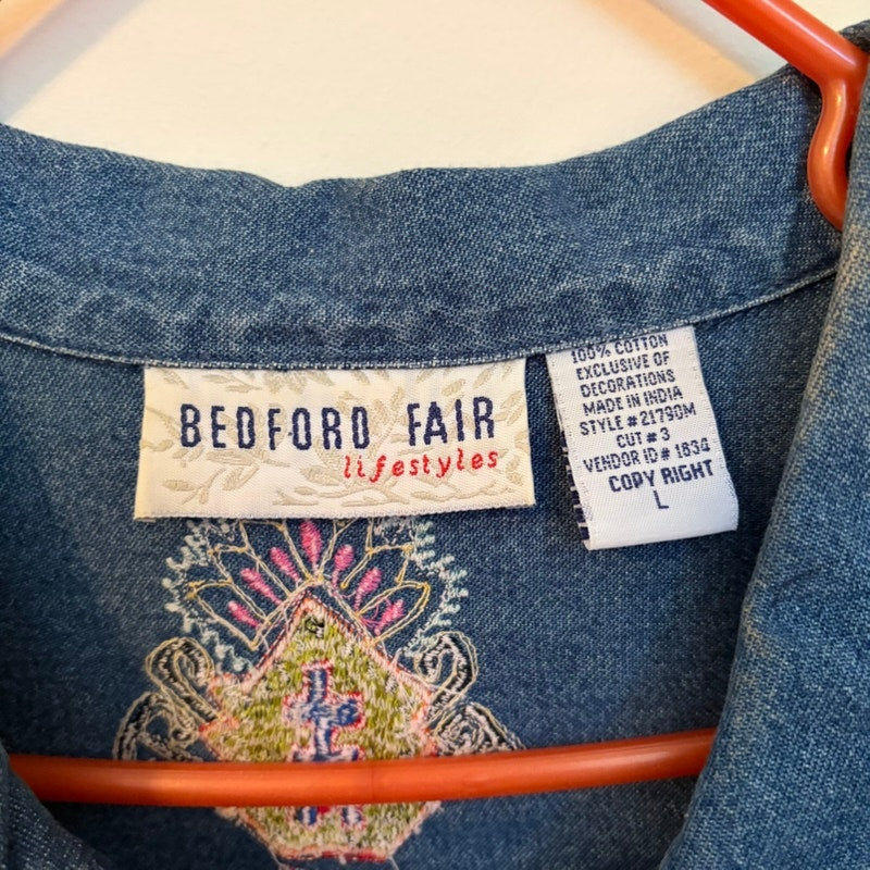 Bedford Fair Lifestyles Women's L Denim Aztec Embroidered 3PC Set Blue Pink
