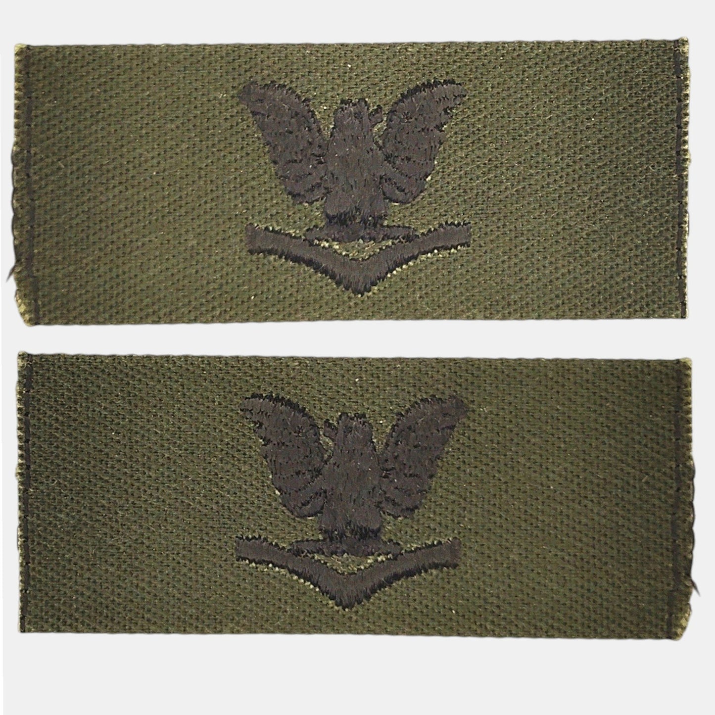 US Navy PO3 E‑4 Collar Device Pair Subdued Black on Green 2‑3/8" × 1"