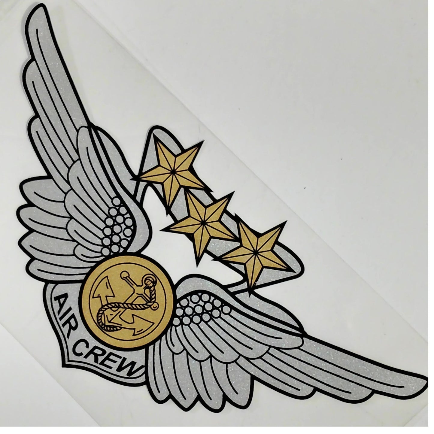 Combat Aircrew Badge Mylar Decal – 6.5" x 3" Silver Wings, Gold Anchor & Stars