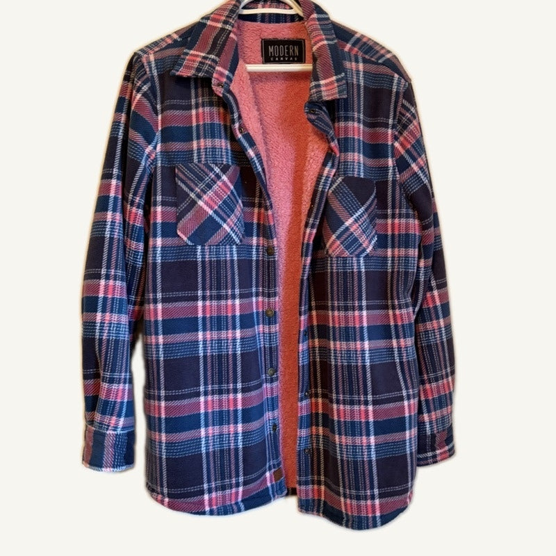 Modern Canvas XL Pink Blue Plaid Fleece Lined Flannel Jacket Shacket