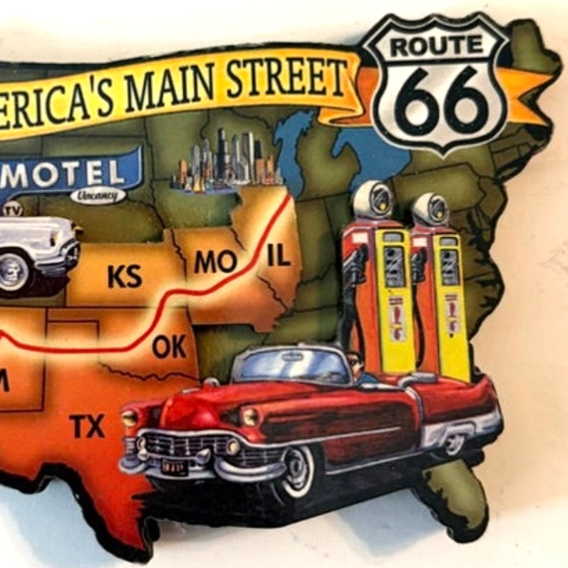 Route 66 America’s Main Street 3D Resin Map Magnet Cars Gas Pumps 4.25x2.5