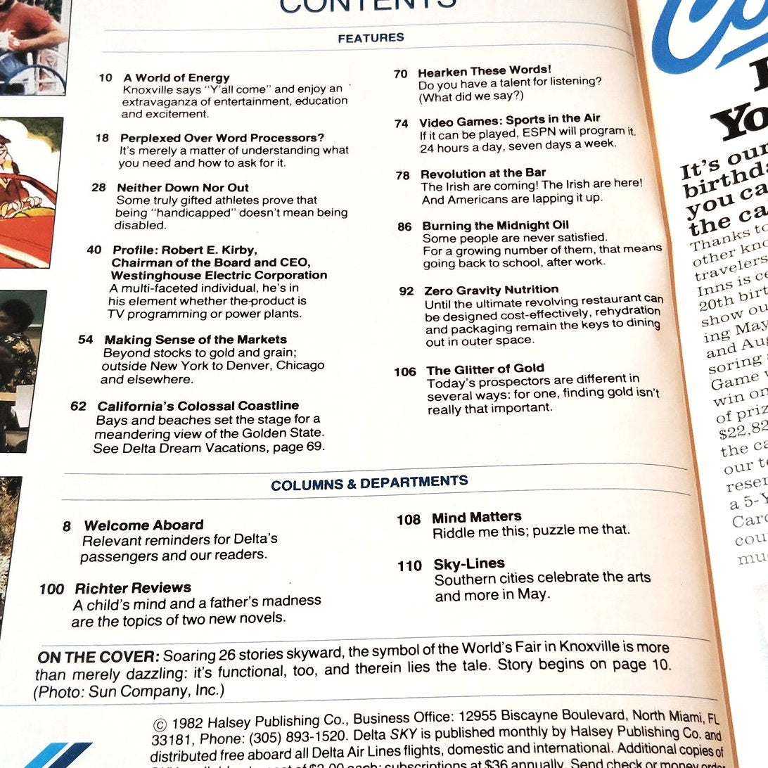 Delta SKY In-Flight Magazine - May 1982 - Knoxville, California, Robert E Kirby