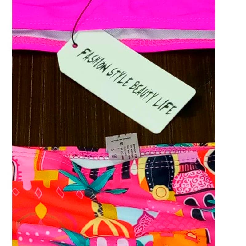 SPORLIKE Ruffle High Waist, Two Pieces Push Up Padded Bikini, Castle/Pink, S