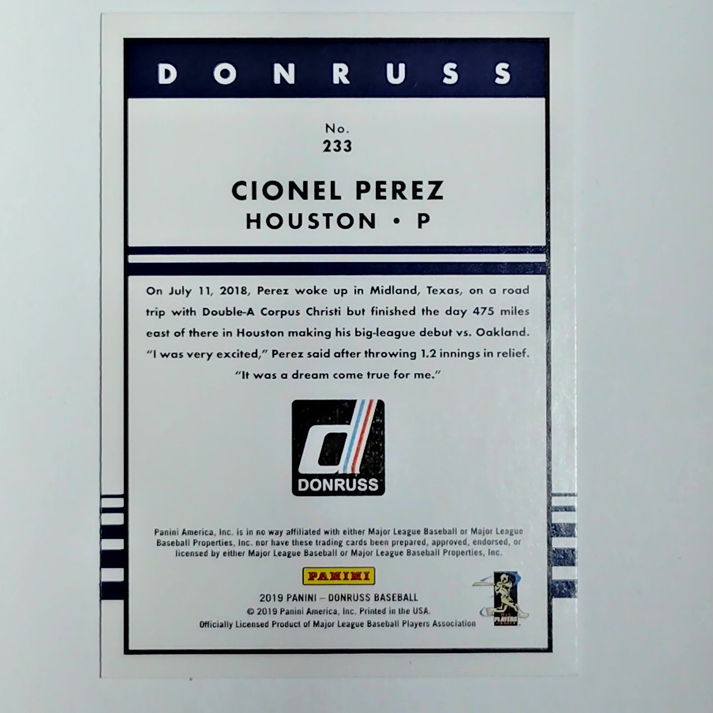 2019 Donruss #233 Cionel Perez Rated Rookie Card Houston Astros Pitcher - VG/EX