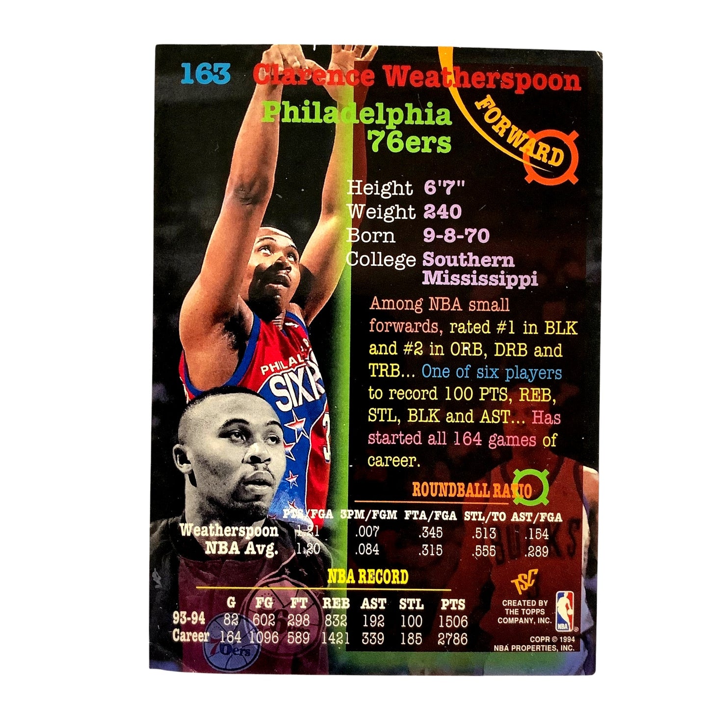 Clarence Weatherspoon, 76ers, 1994 Topps Stadium Club TSC NBA Card 163, EXC