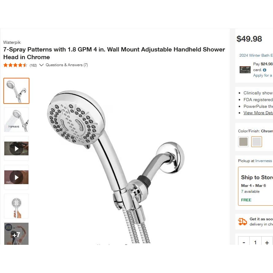 7-Spray Patterns, 1.8 GPM, 4" Wall Mount Adjustable Handheld Shower Head, Chrome