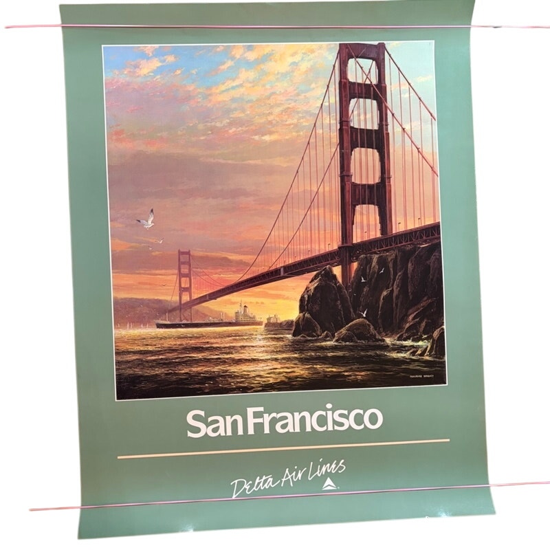 Original 80s Delta Air Lines San Francisco Poster - Golden Gate Bridge Art 28x22