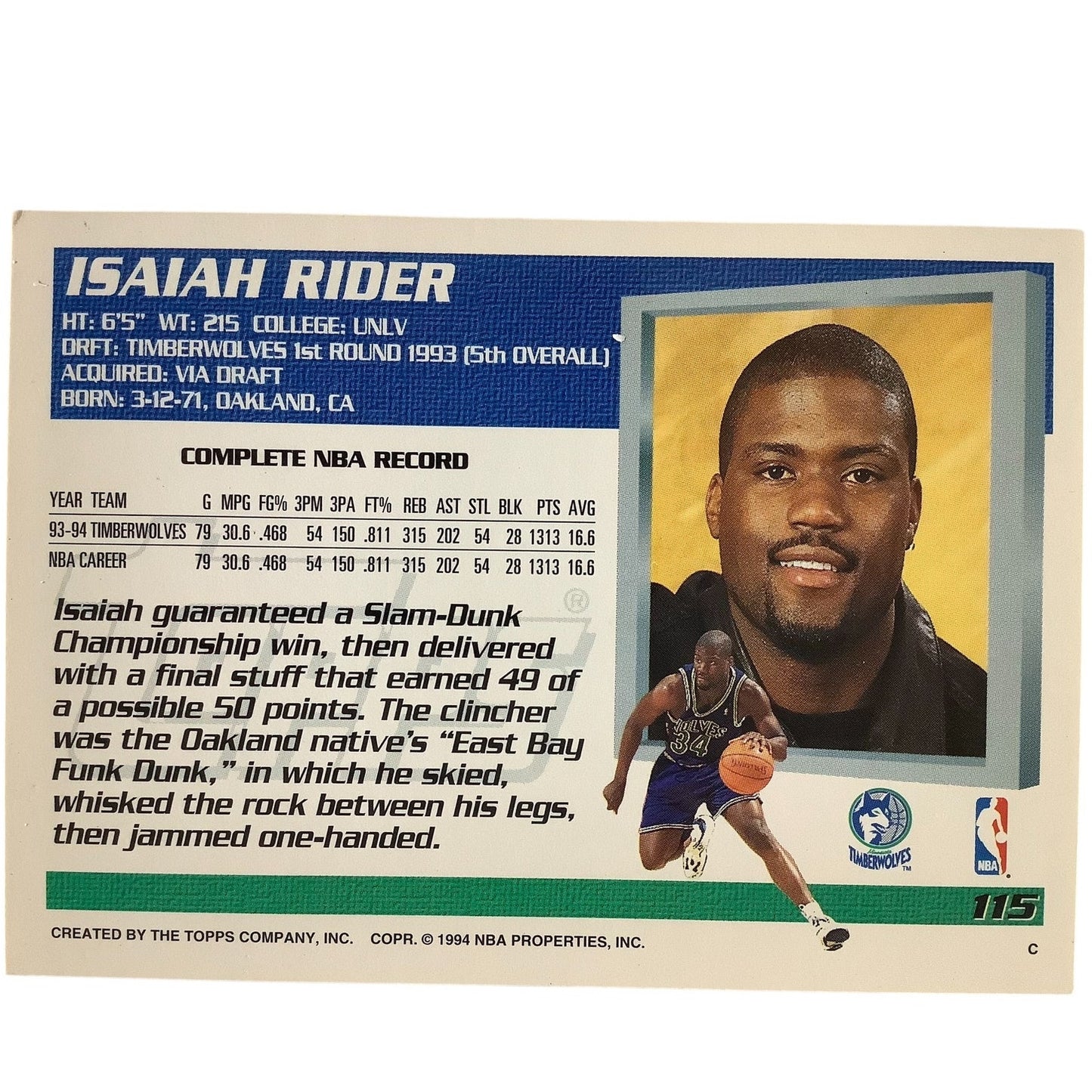 Isaiah Rider, Minnesota Timberwolves, 1994 Topps Collector's Card 115, EXC/NM