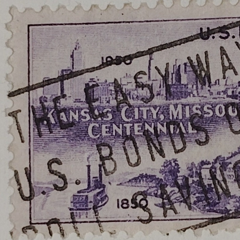 1950 3¢ Kansas City Centennial Stamp – Scott 992 – Riverboat & Skyline