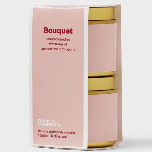 2‑PK 3 oz Tin Candle Gift Set, Soy Wax Blend, Jasmine & Peony Scent, 14hr Burn