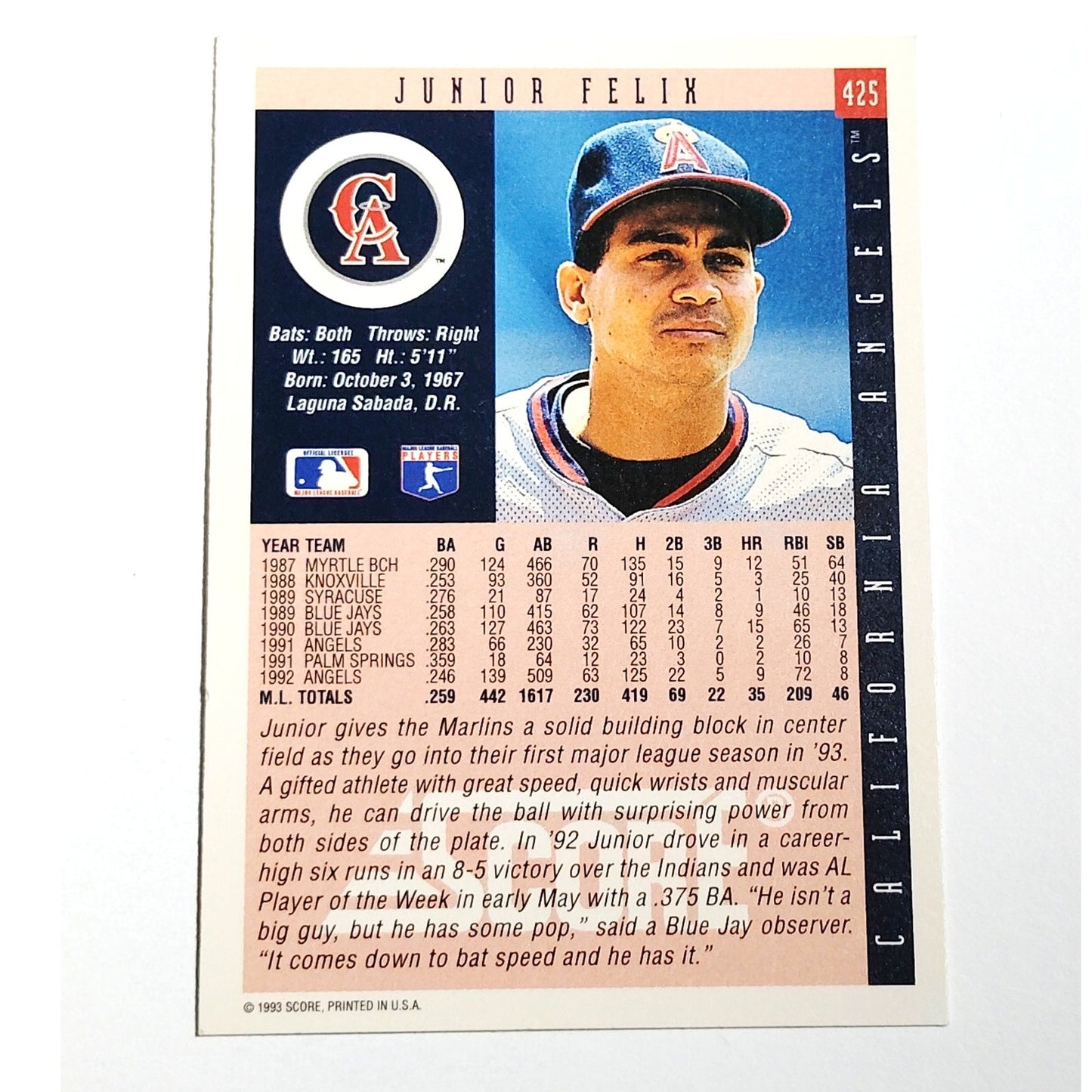 1993 Score Junior Felix #425 California Angels OF MLB Baseball Card NM