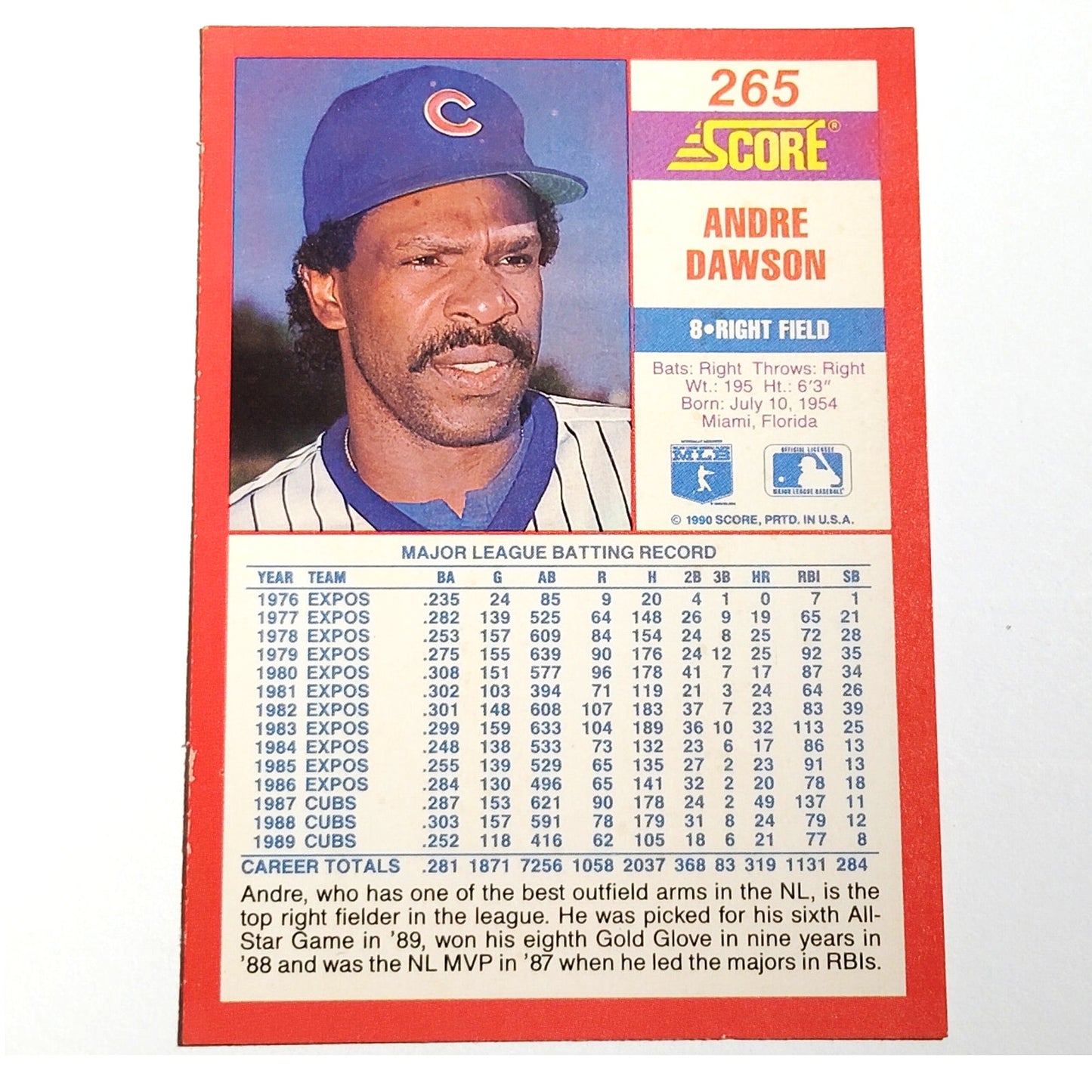 1990 Score Andre Dawson #265 Chicago Cubs Right Fielder Hall of Famer EX
