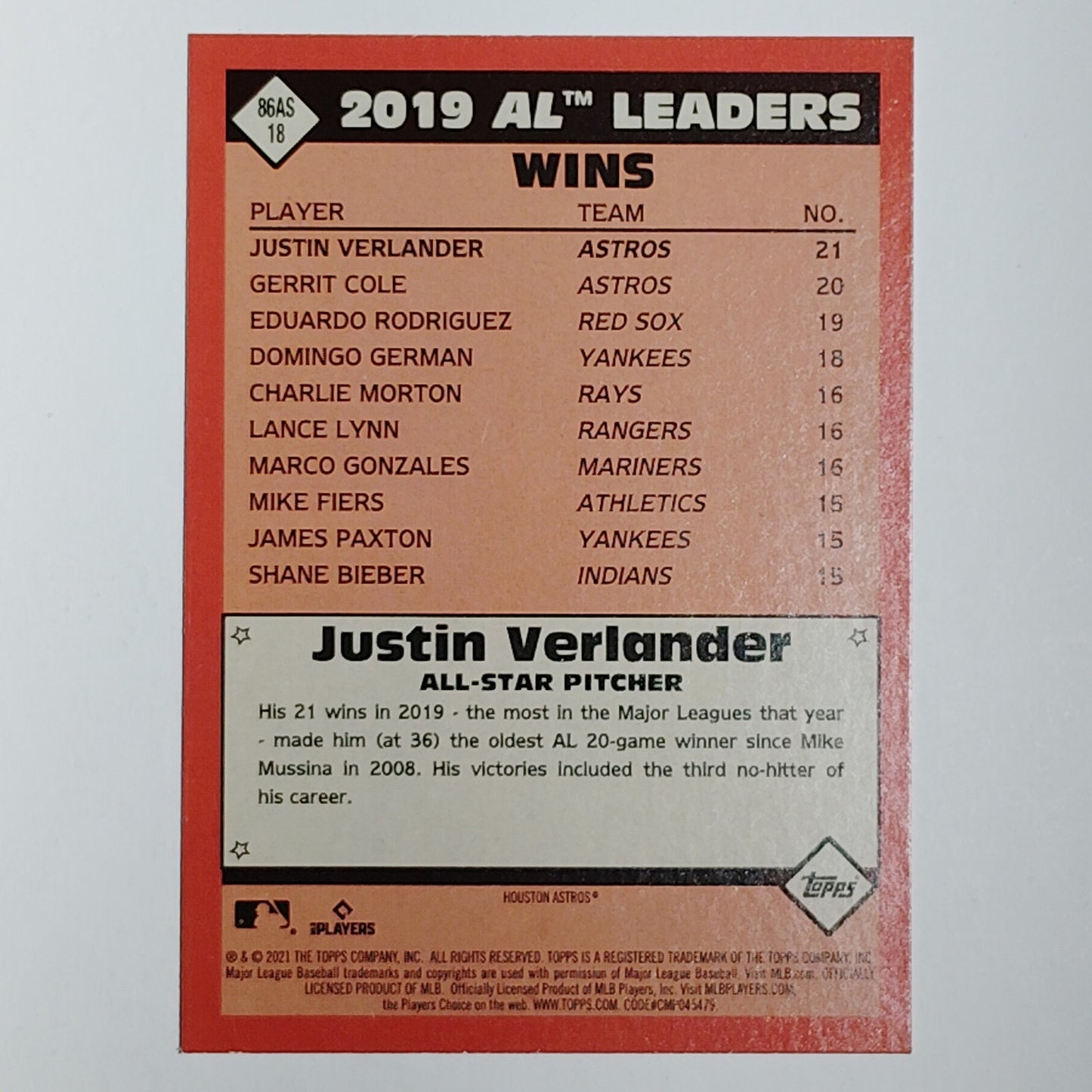 2021 Topps #86AS-18 Justin Verlander 1986 All-Star Insert Houston Astros P VG/EX