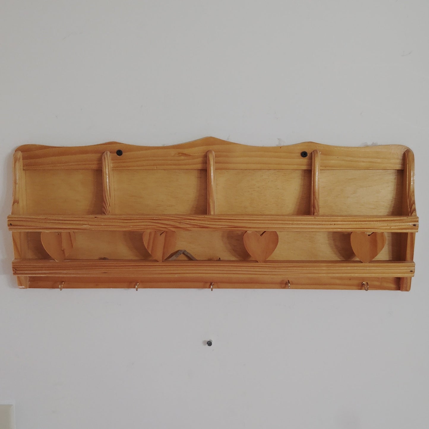 Vintage Country Pine Wall Rack — Letter Slots, Key Hooks & Heart Cutouts