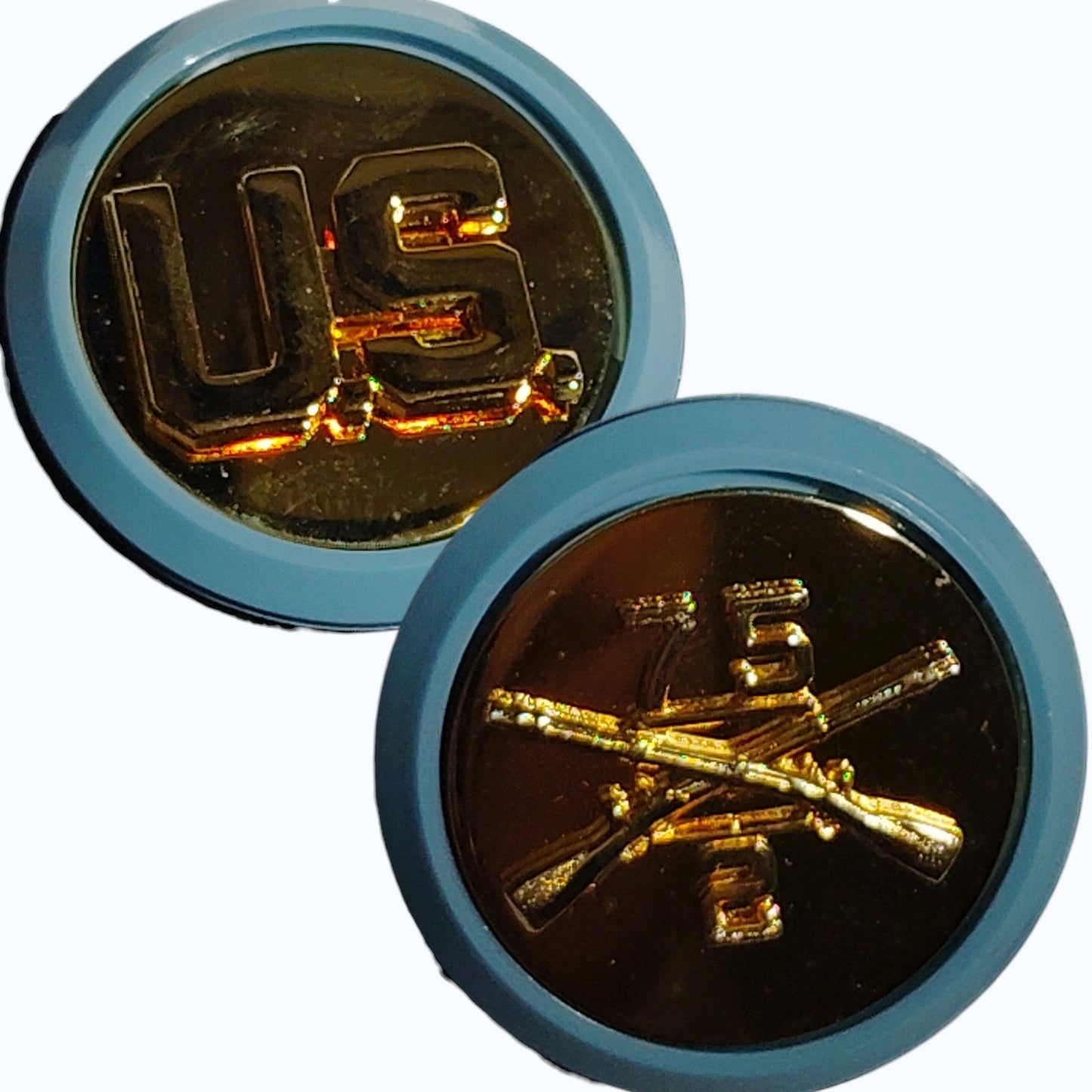 2/75 Rangers BOS Blue Disc Hat Lapel Brooch Pin Set, Gold‑Tone, 1.25"H Disks