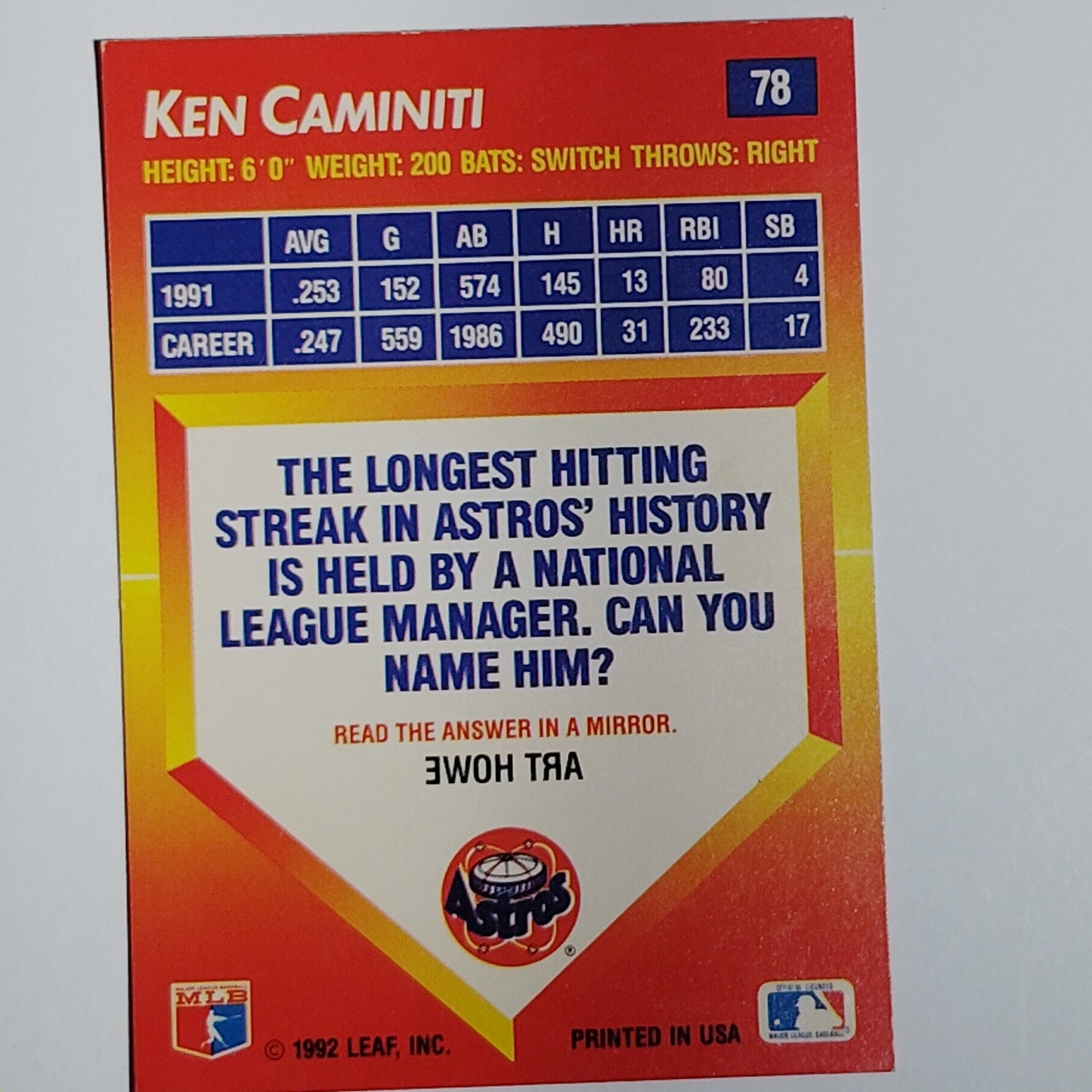 1992 Donruss Triple Play Ken Caminiti Card #78 Houston Astros 3B VG/EX