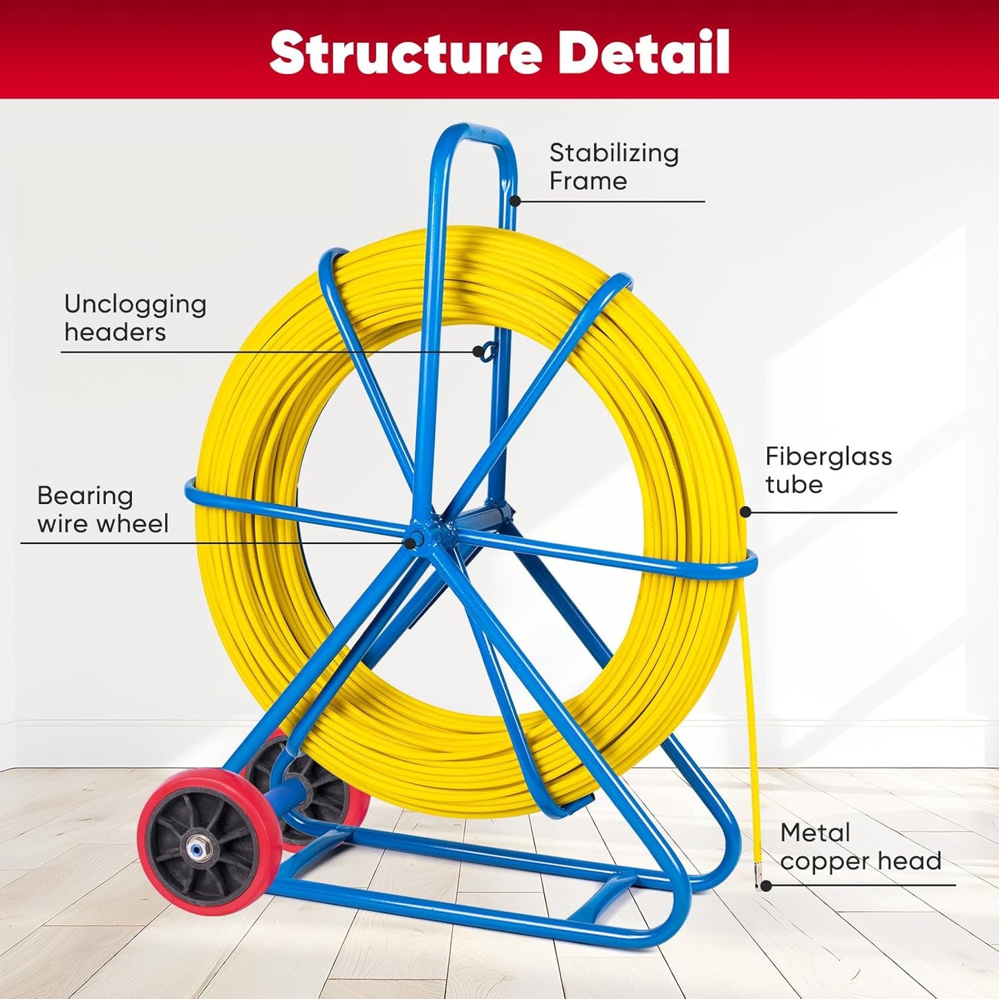 HeatZen 492FT Fiberglass Duct Rodder 8MM Wire Puller w/ Cage & Wheels