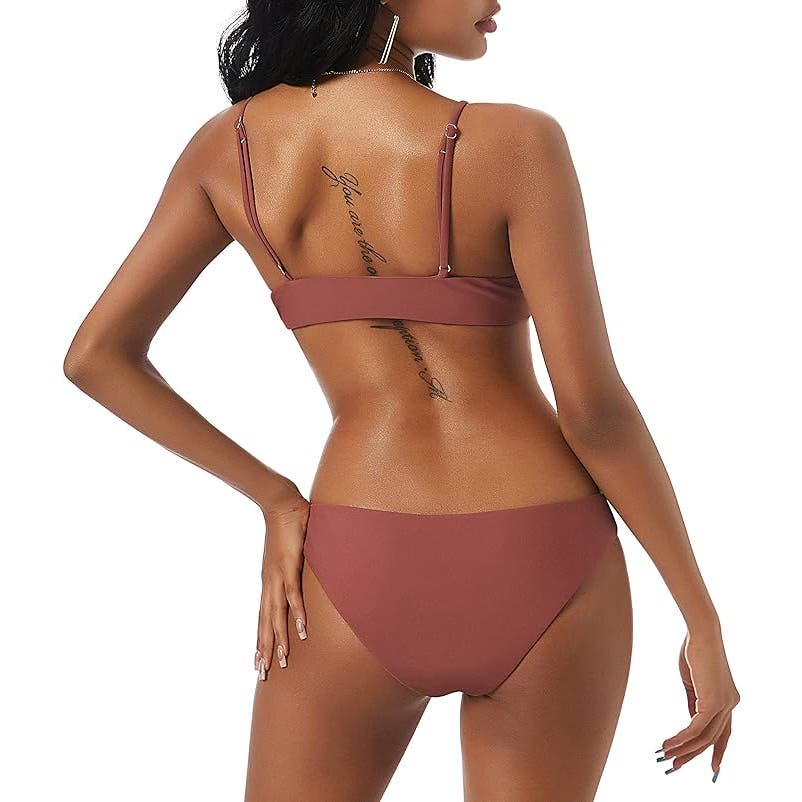 Solid Spaghetti Strap Bralette Bikini Set Two Piece Swimsuit, Light Red, M