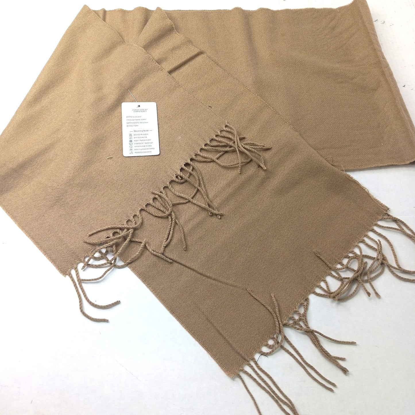 Lucky Leaf 100% Wool Woven Wrap Scarf Camel Fringe One Size