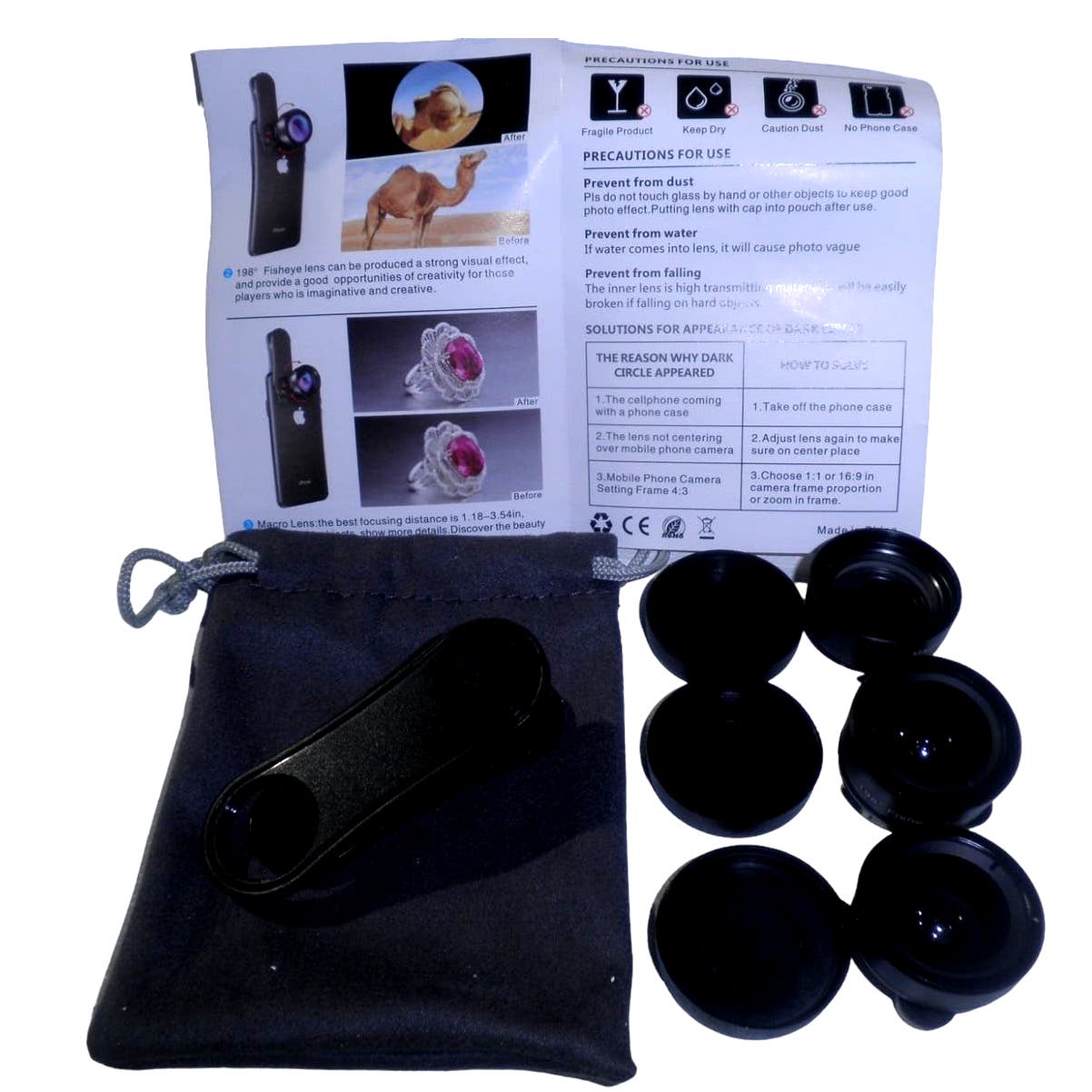 Phone Camera Lens (3), 230° Fisheye Lens, 15X Macro Lens, 0.65X Wide Angle Lens