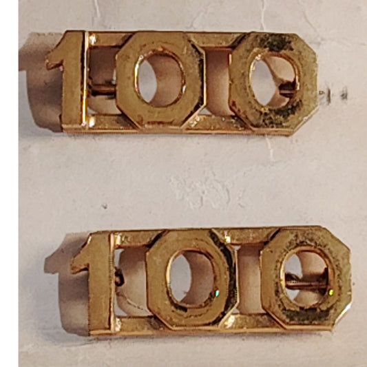 Early/Mid 1900s Brass C-Clasp "100" Collar Devices 3/8"H Hat / Lapel Pins Set