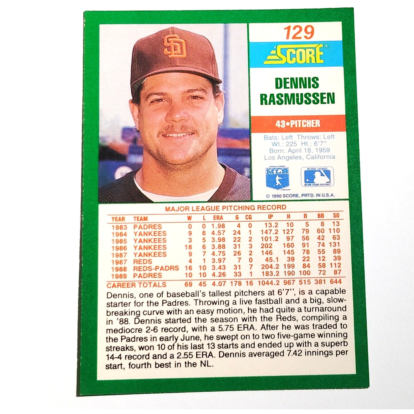 1990 Score Dennis Rasmussen Card No. 129 San Diego Padres P VG/EX