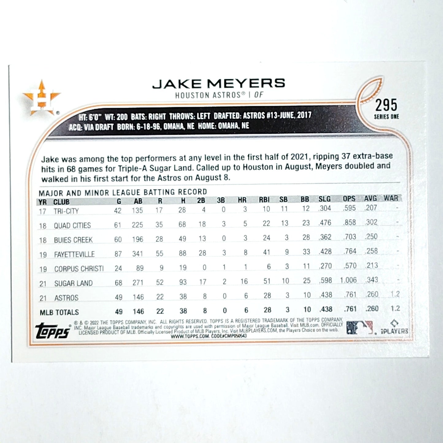2022 Topps Series 1 #295 Rookie RC Jake Meyers Houston Astros Outfielder - VG/EX