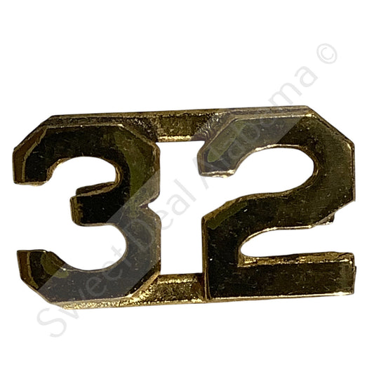 WWI Era Numeric "32", Brass Military C-Clasp Hat / Lapel / Collar Pin 3/8"H