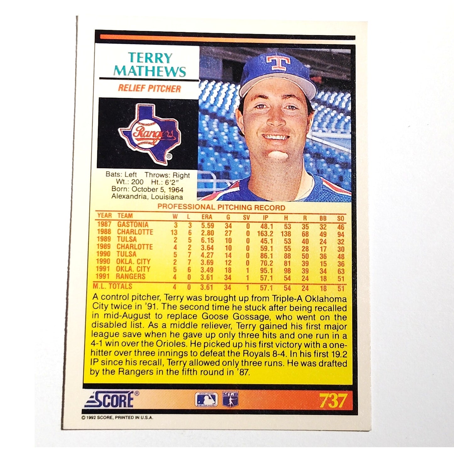 1992 Score Terry Mathews #737 Texas Rangers RP Rookie Prospect Baseball Card NM
