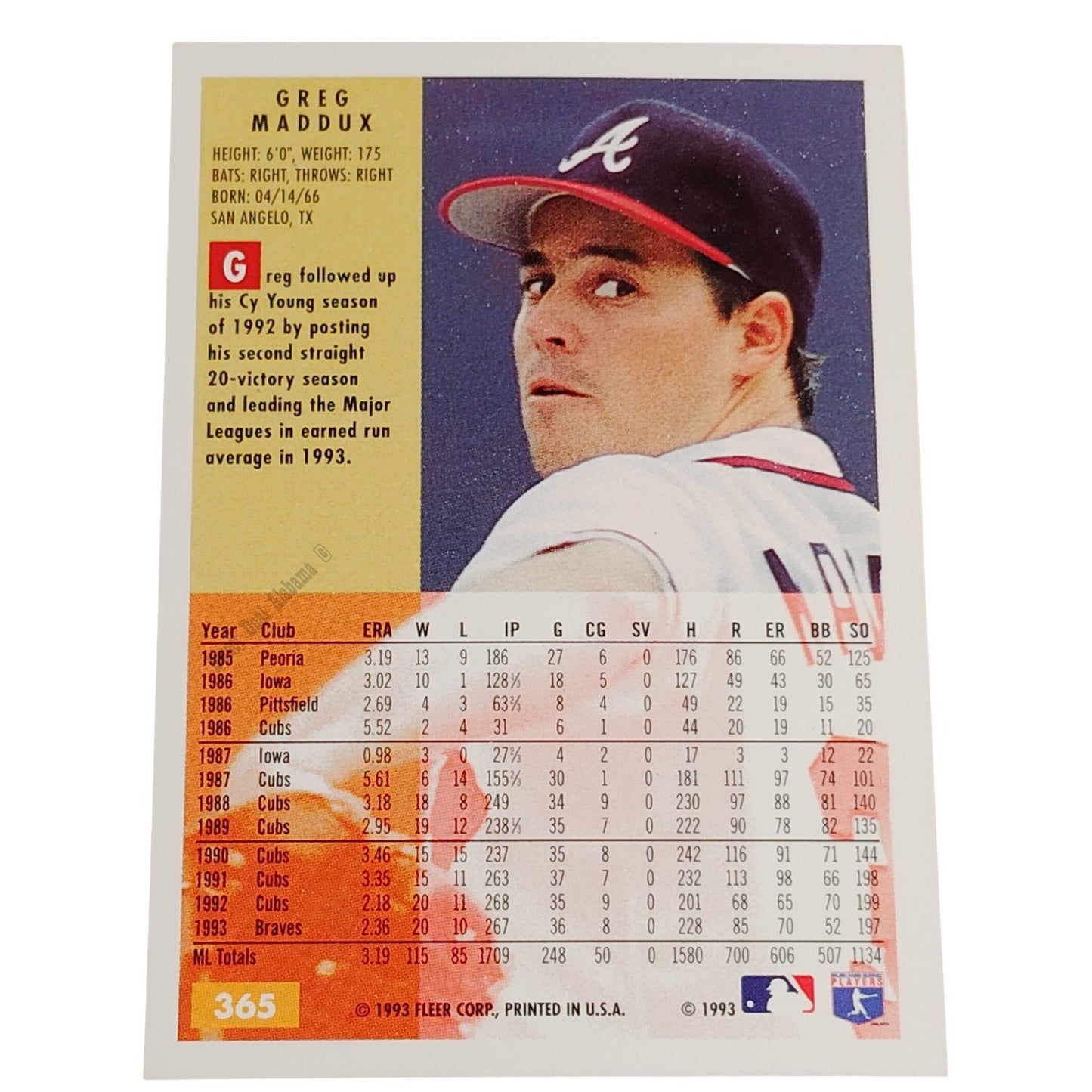 Greg Maddux, Atlanta Braves, #365, 1994 Fleer Baseball Collector's Card
