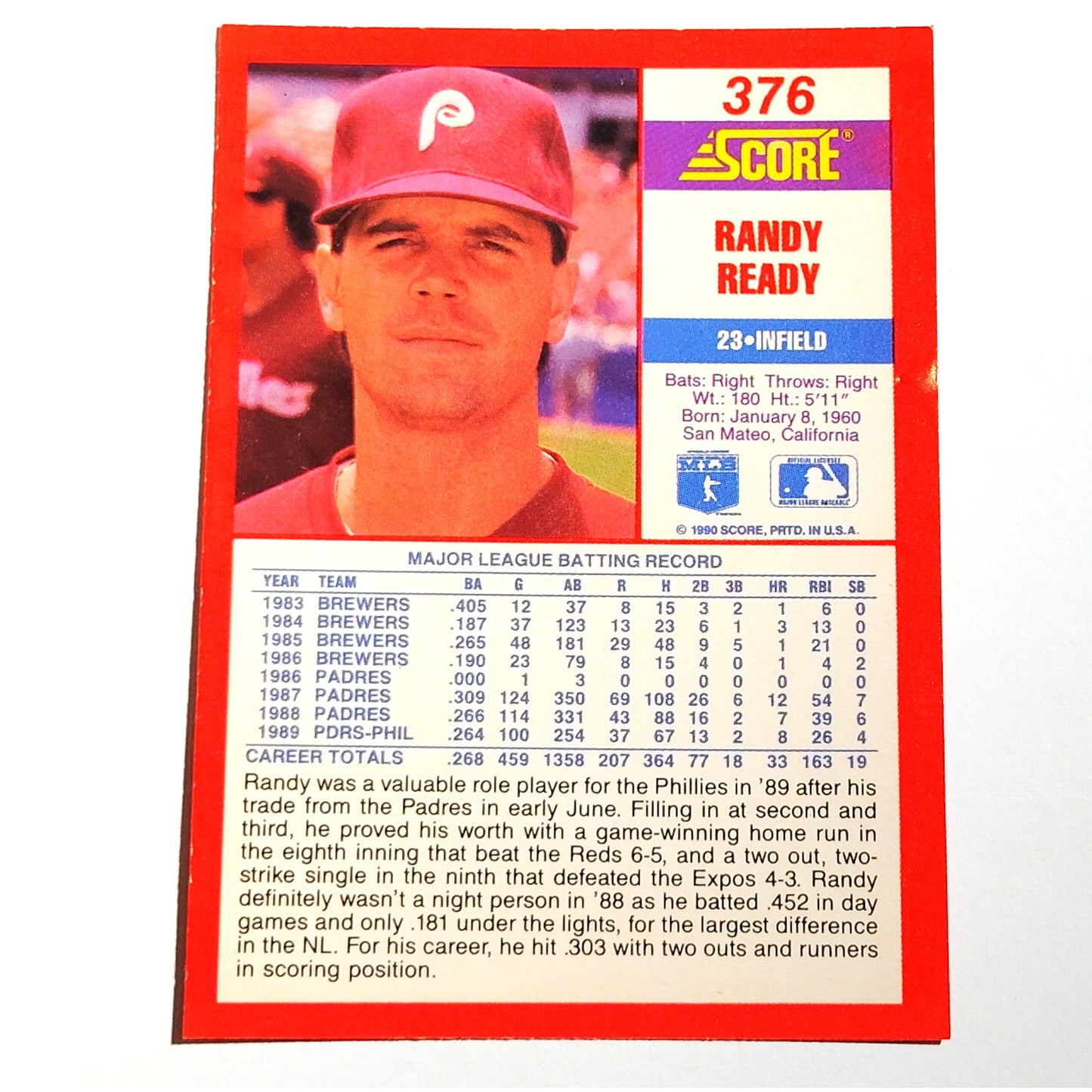 1990 Score Randy Ready #376 Philadelphia Phillies Infielder MLB Baseball EX