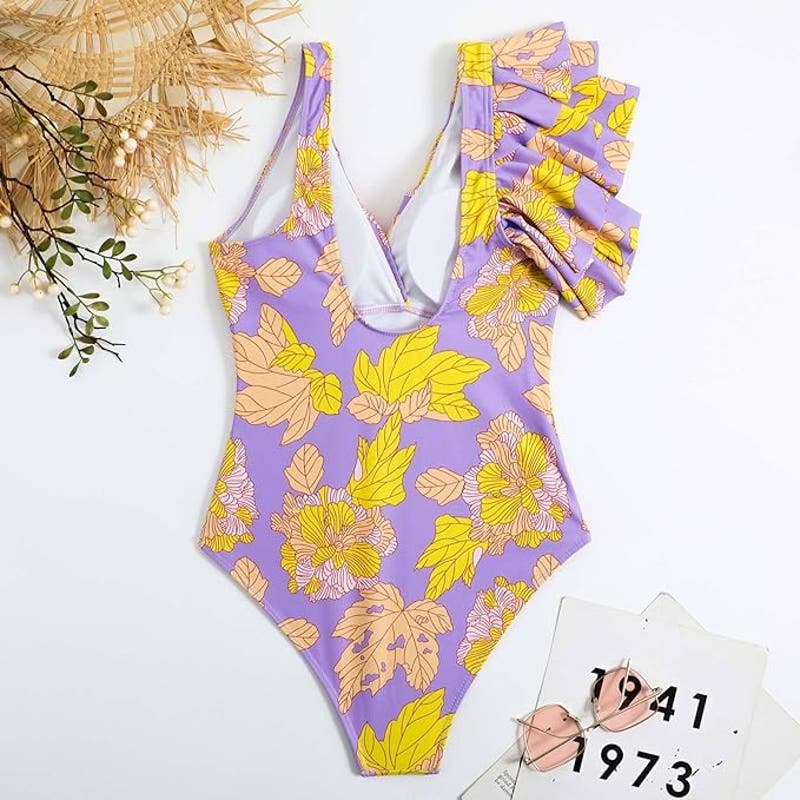 IDOPIP Women's One Piece Swimsuit, Retro Vtg Floral Print Bikini, XL, Monokini