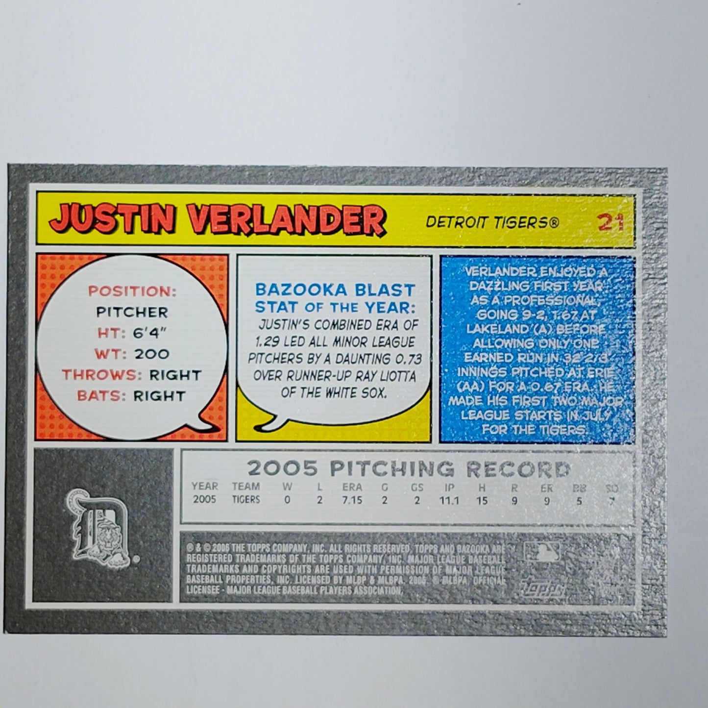 2006 Topps Bazooka #21 Justin Verlander Rookie Card Detroit Tigers Pitcher VG/EX