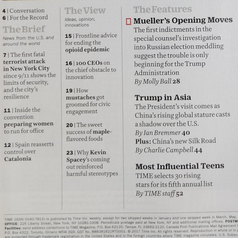 Time Magazine Nov 13 2017 Mueller's Most Wanted Back Issue Collectible