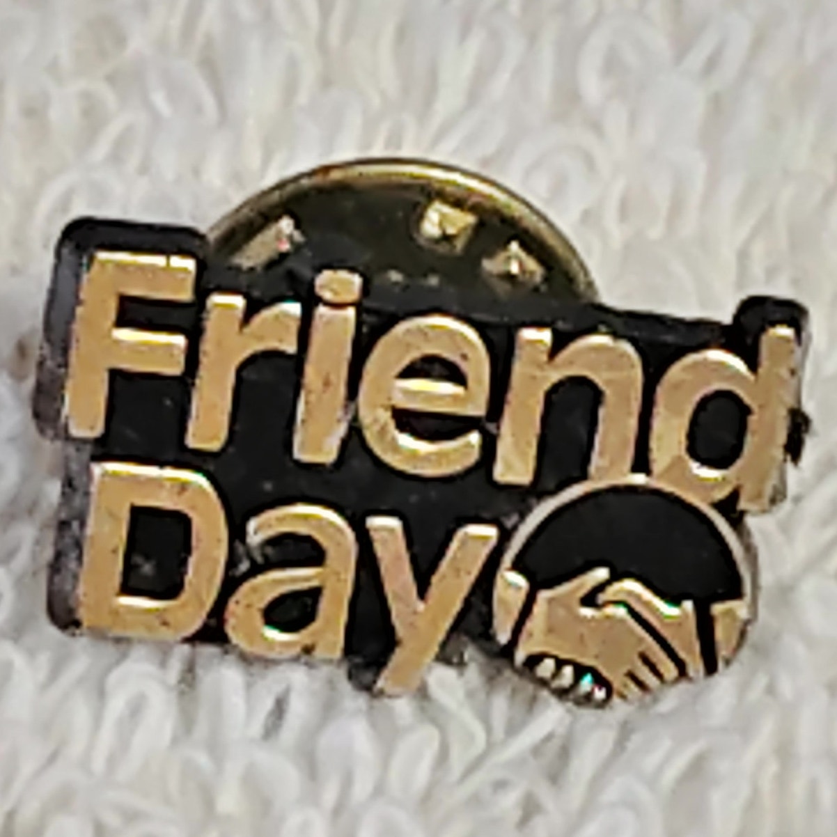 VTG "Friend Day" Lapel or Hat Pin,  Black/Gold PVC 3/4"W Fellowship Symbol