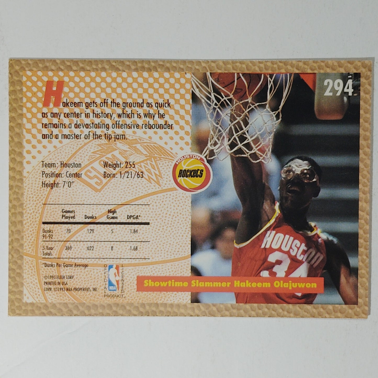 1992-93 Fleer Hakeem Olajuwon Card No. 294 – Slam Dunk Insert – Rockets – VG/EX